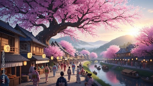 Traditional Japanese Village with Cherry Blossoms at Sunset