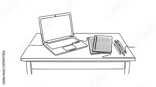 Continuous line drawing of a laptop, notebook, and pens on a desk, isolated.