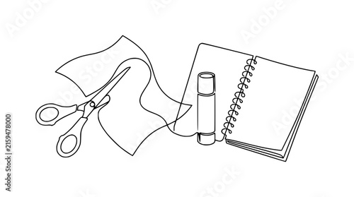 Craft Supplies: Scissors, Paper Strip, Glue Stick, Notebook Isolated