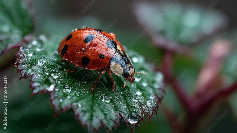 Fototapeta premium Ladybug on green leaf with raindrops, close-up with blurred plant branches background in soft natural light, capturing delicate details, fresh nature and serene outdoor atmosphere.
