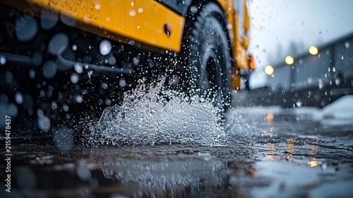 School Bus Driving Through Puddle Splashing Water on Wet Road