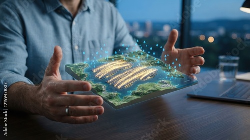 Businessman holding holographic 3d map sustainable solar farm with water droplets, for green energy innovation, environmental protection futuristic smart city planning