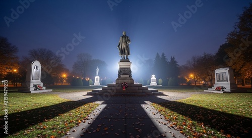 Nighttime Statue Memorial in Foggy Park with Illuminated Monuments