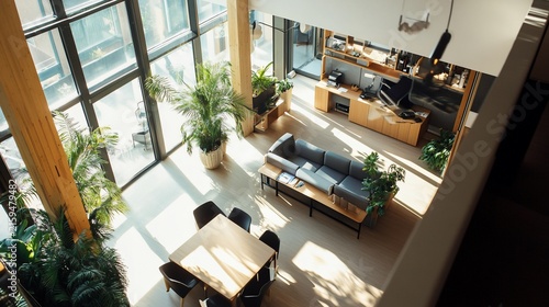 Modern Open Plan Office Interior with Biophilic Design and Natural Lighting