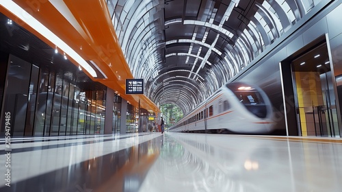 Modern Subway Train Arriving at Futuristic Underground Station Platform