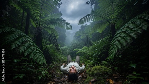 Man lying on ground in lush tropical rainforest