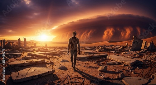 Lone Survivor Walking Through Post-Apocalyptic Ruined Cityscape at Sunset