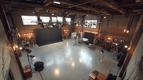 Industrial Style Photography Studio Interior with Professional Lighting Equipment