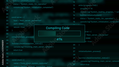 Compiling code progress bar at 0-100% on digital code background programming computer. Motion graphics of programming loading bar
