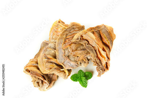 Dried Asparagus Slices with Fresh Mint Leaves Studio Shot on White Background