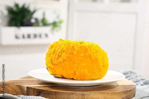 Fresh Pumpkin Shaped Bread on White Plate in Modern Kitchen Still Life Food Photography