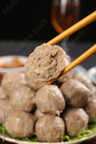Handmade Chaoshan Beef Balls with Chopsticks - Traditional Chinese Meatballs Studio Shot
