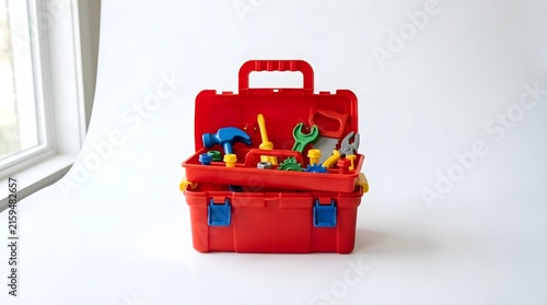 Red plastic toy toolbox with colorful construction equipment for kids