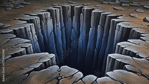 Deep Chasm or Sinkhole Opening in Cracked Earth Surface