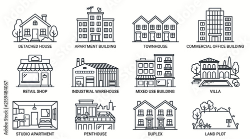 Set of Various Building Types and Real Estate Icons.