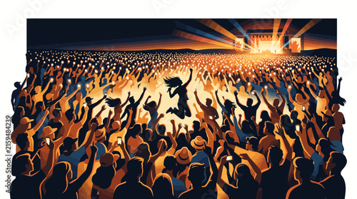 Silhouette of a Person Jumping at a Lively Outdoor Music Festival.