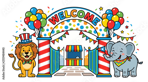 Welcome to the circus with a cute lion and elephant.