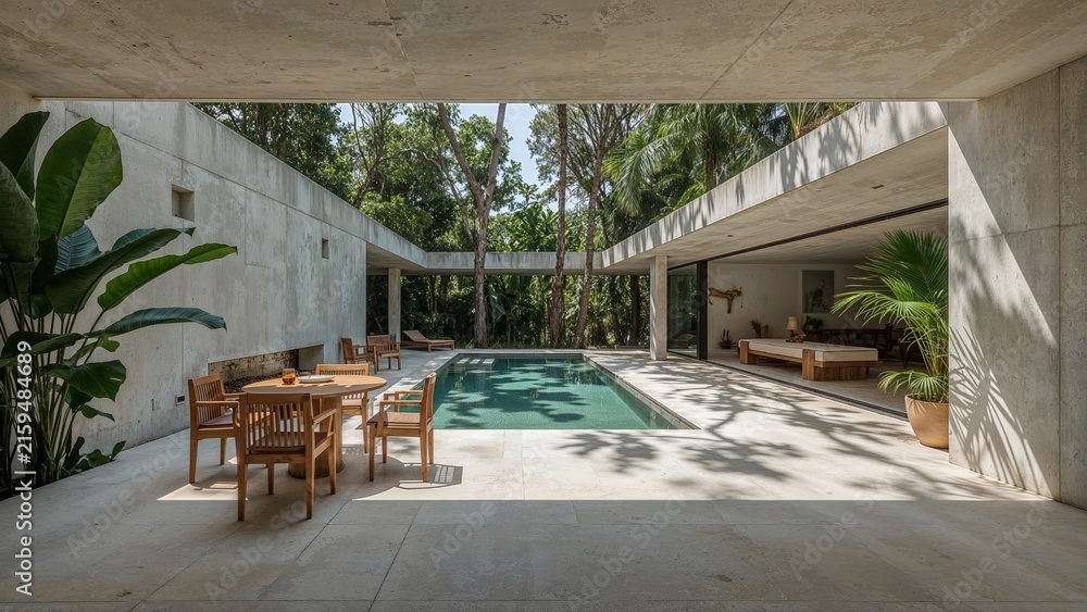 Fototapeta premium Modern courtyard with pool, tropical plants, and outdoor seating