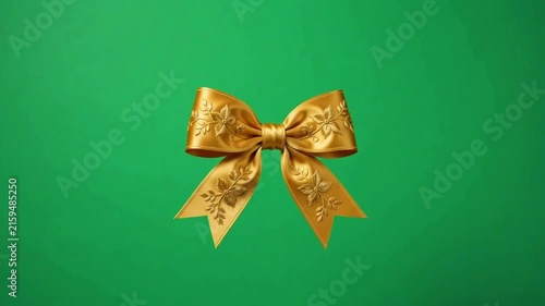 Realistic golden bow on green background.
