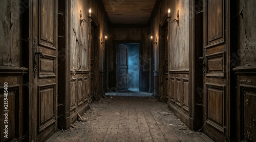 Creepy Abandoned Mansion Hallway with Foggy Light