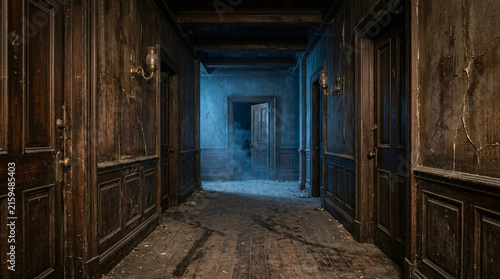 Eerie Abandoned Mansion Hallway with Foggy Dark Doorway