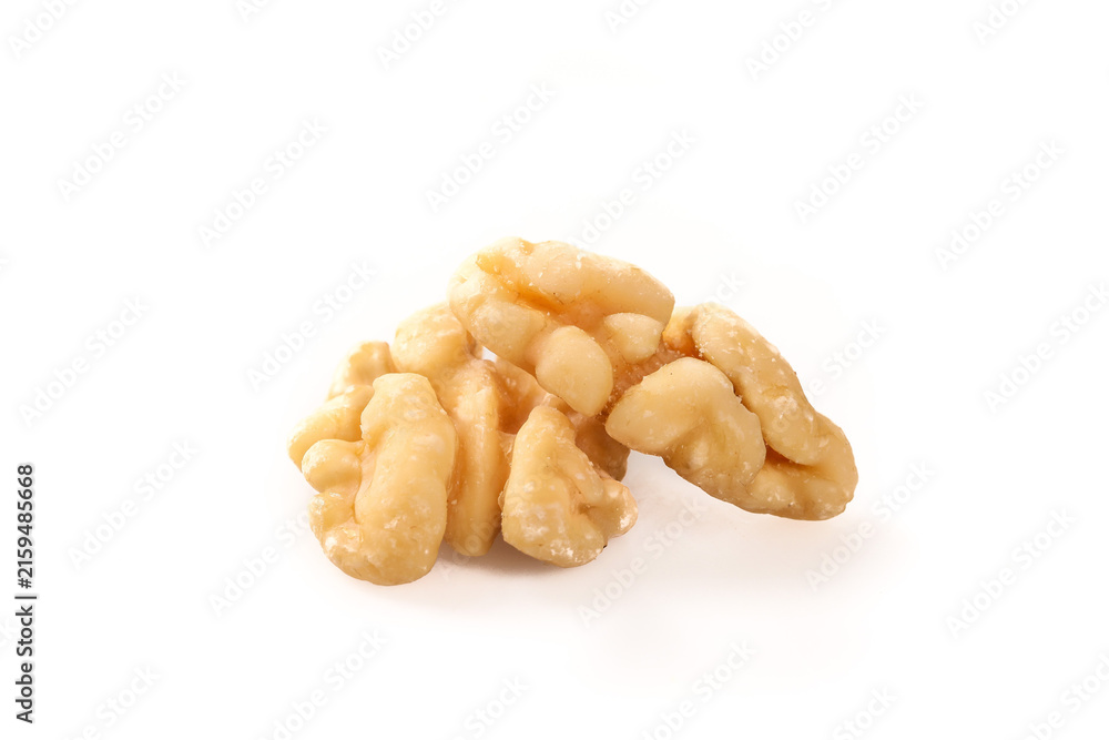 Fototapeta premium Fresh Shelled Walnut Kernels Isolated on White Background Studio Shot
