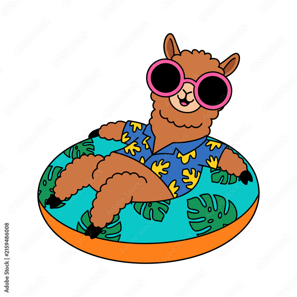 Naklejka premium Charming brown llama wearing stylish pink sunglasses and a vibrant blue tropical patterned shirt while relaxing comfortably on a colorful inflatable pool ring during a bright sunny summer vacation 