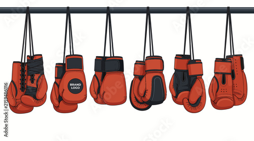 A row of red boxing gloves hanging on a rack.