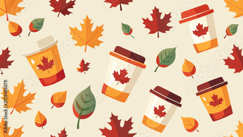 Autumn coffee cup seasonal fall leaves background trending micro stock with background seasonal beverage seamless illustration breakfast lifestyle november september decoration wallpaper