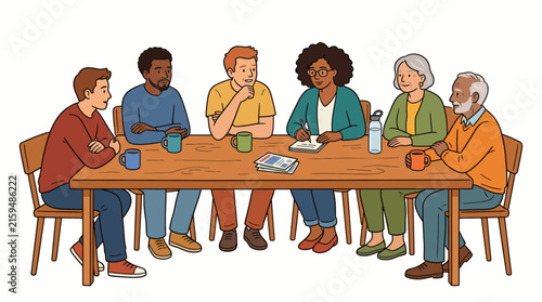 Diverse group of people sitting around a wooden table having a discussion.