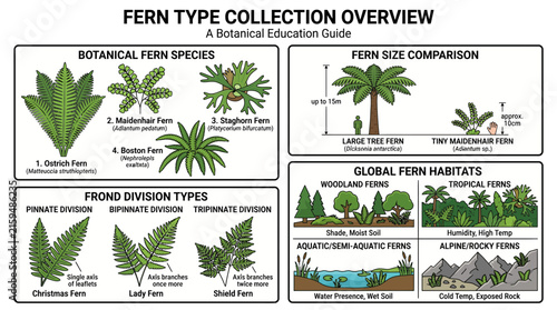 Educational Botanical Guide Illustrating Fern Species Diversity and Habitats.