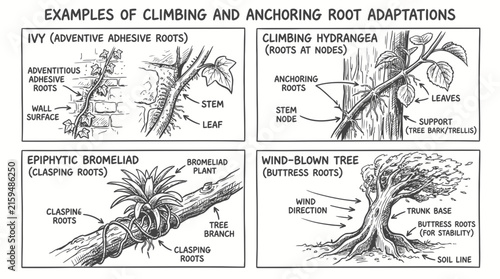 Educational Illustration of Plant Root Adaptations for Climbing and Anchoring.