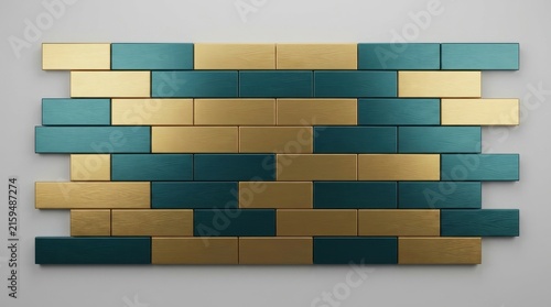 Modern abstract wall panel with teal and gold wooden tiles arranged in staggered pattern