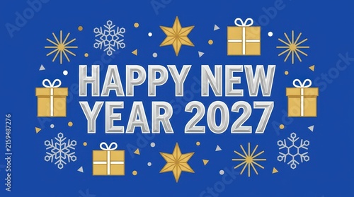 Happy new year 2027 greeting card design with gold gifts stars and snowflakes on blue background