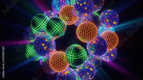 Neon glowing geometric spheres in space with colorful light rays and star background