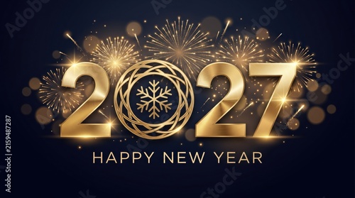 Happy new year 2027 golden typography with snowflake ornament and fireworks on dark blue background