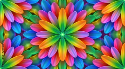 Vibrant rainbow flower pattern with colorful petals and symmetrical design
