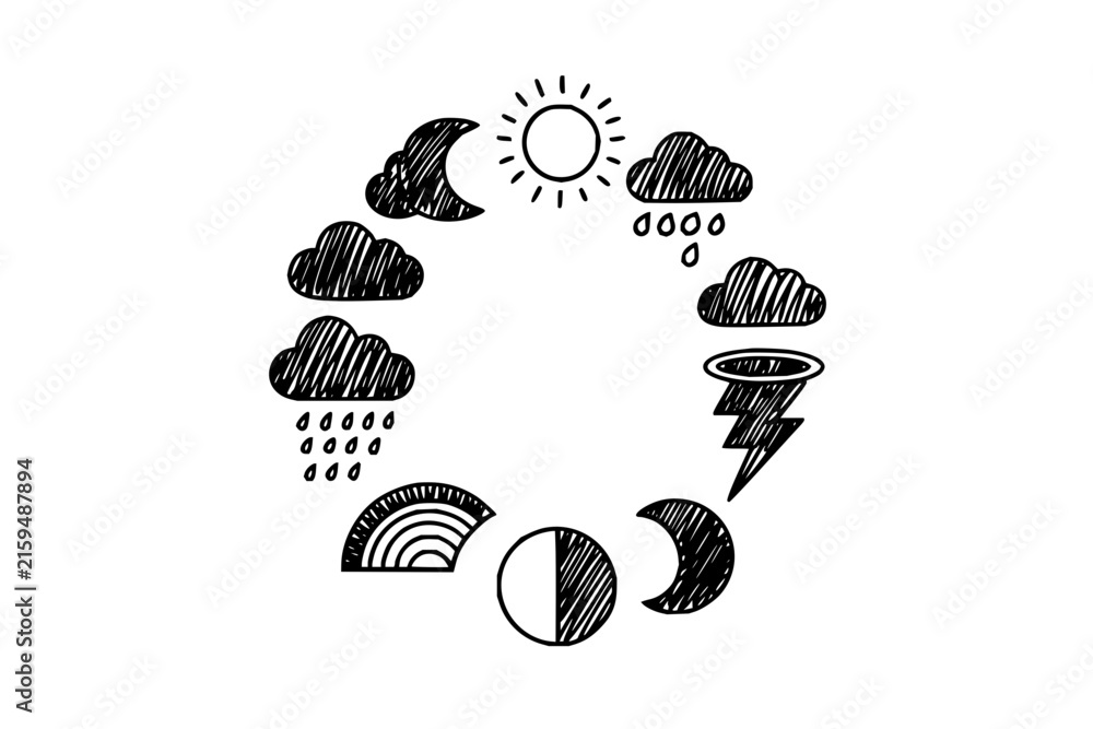 Fototapeta premium Weather forecast symbols and meteorological icons arranged in a hand drawn circular frame