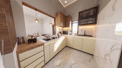 Modern kitchen interior featuring cream cabinetry, wooden accents, marble floor tiles, and warm ambient lighting in a sleek apartment design