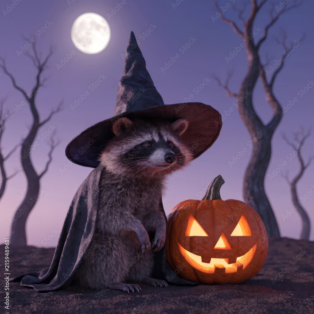 Fototapeta premium Cute Raccoon in Witch Hat with Jack-o'-Lantern Under Moonlight in Spooky Forest Scene