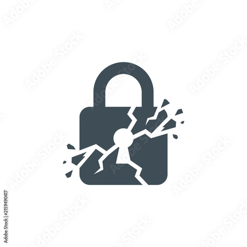 A dark gray icon showing a broken metal security padlock symbol