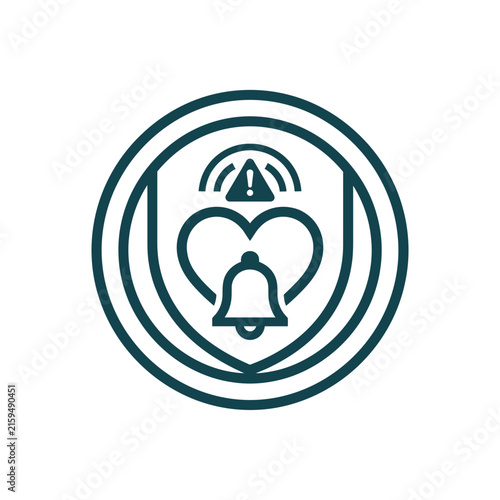 A dark green circular icon featuring a heart and bell symbol