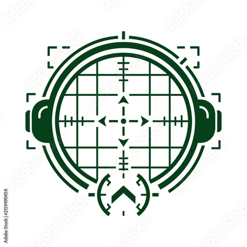 A dark green circular graphic design with a central crosshair