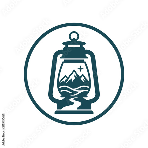 A dark green circular icon featuring a vintage camping lantern