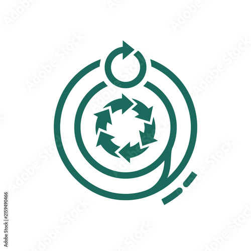 A dark green circular icon showing a continuous recycling process