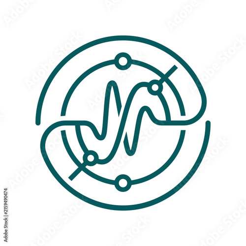 A dark green circular icon with a central abstract wave design