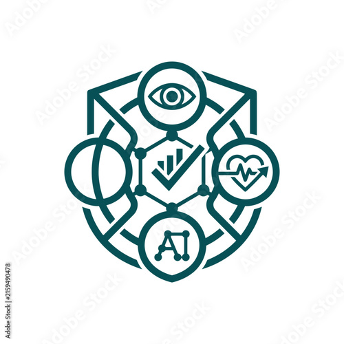 A dark green digital icon showing various abstract data symbols