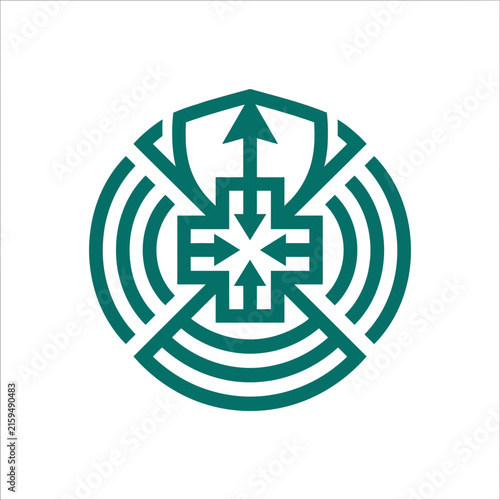 A dark green geometric emblem design on a white background