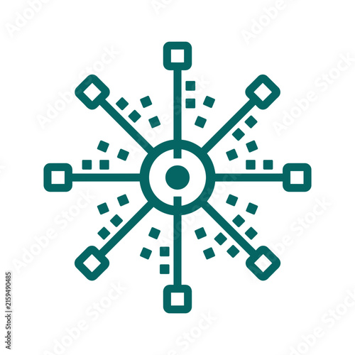A dark green geometric icon featuring a central circular node