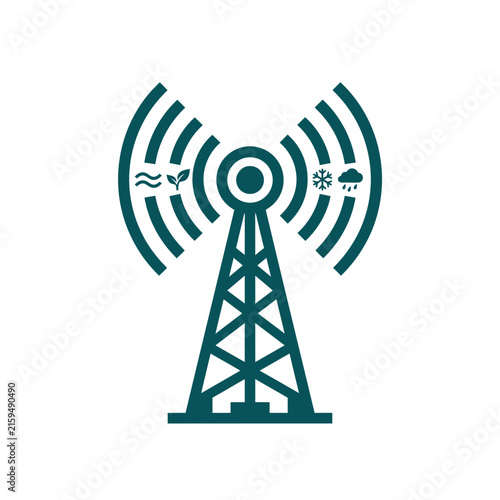 A dark green icon of a radio tower with weather symbols